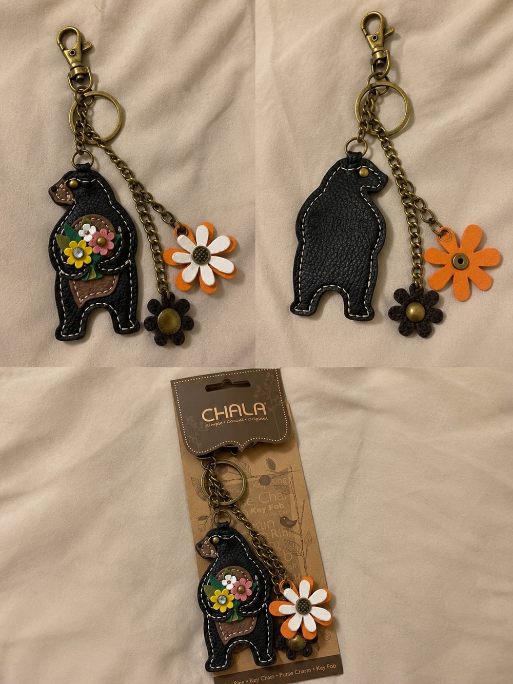Chala Black Bear Bag Charm With Floral Details